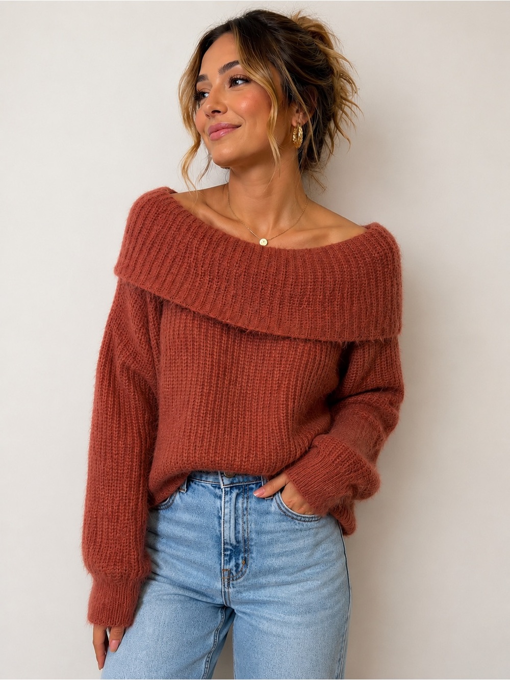 Off-Shoulder Rust Women's Sweater